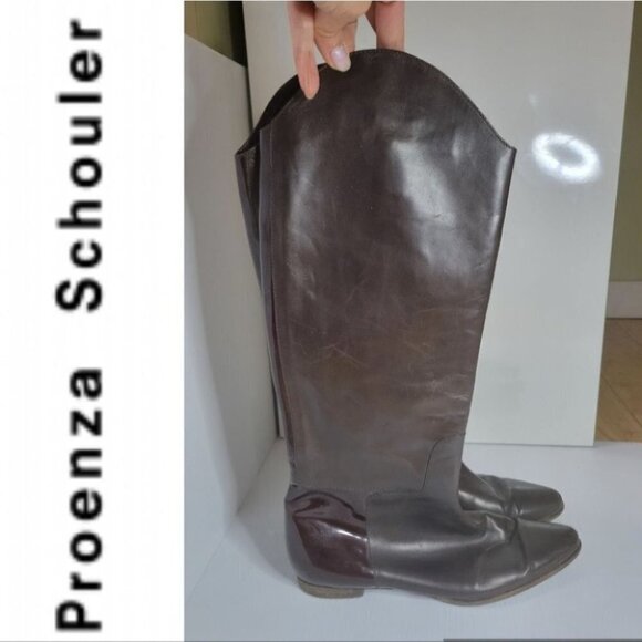 PROENZA Schouler knee high leather boots patent trim brown size  6 - Picture 1 of 16